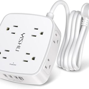 6 Ft Surge Protector Power Strip - 8 Widely Outlets with 4 USB Ports, 3 Side Outlet Extender with 6 Feet Extension Cord, Flat Plug, Wall Mount, Desk USB Charging Station, ETL,White