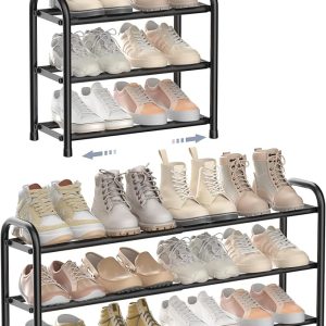 ENJOYBASICS Expandable Shoe Rack, 3 Tier Adjustable Shoe Organizer Shelf for Closet, Black Metal Free Standing Shoe Rack Storage for Small Space, Entryway | Adjustable, for Closet, Shoe Rack Storage, for Small Space, Entryway